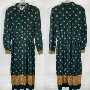 EJM Vintage Green Long Sleeve Brown Floral Dress Size 10